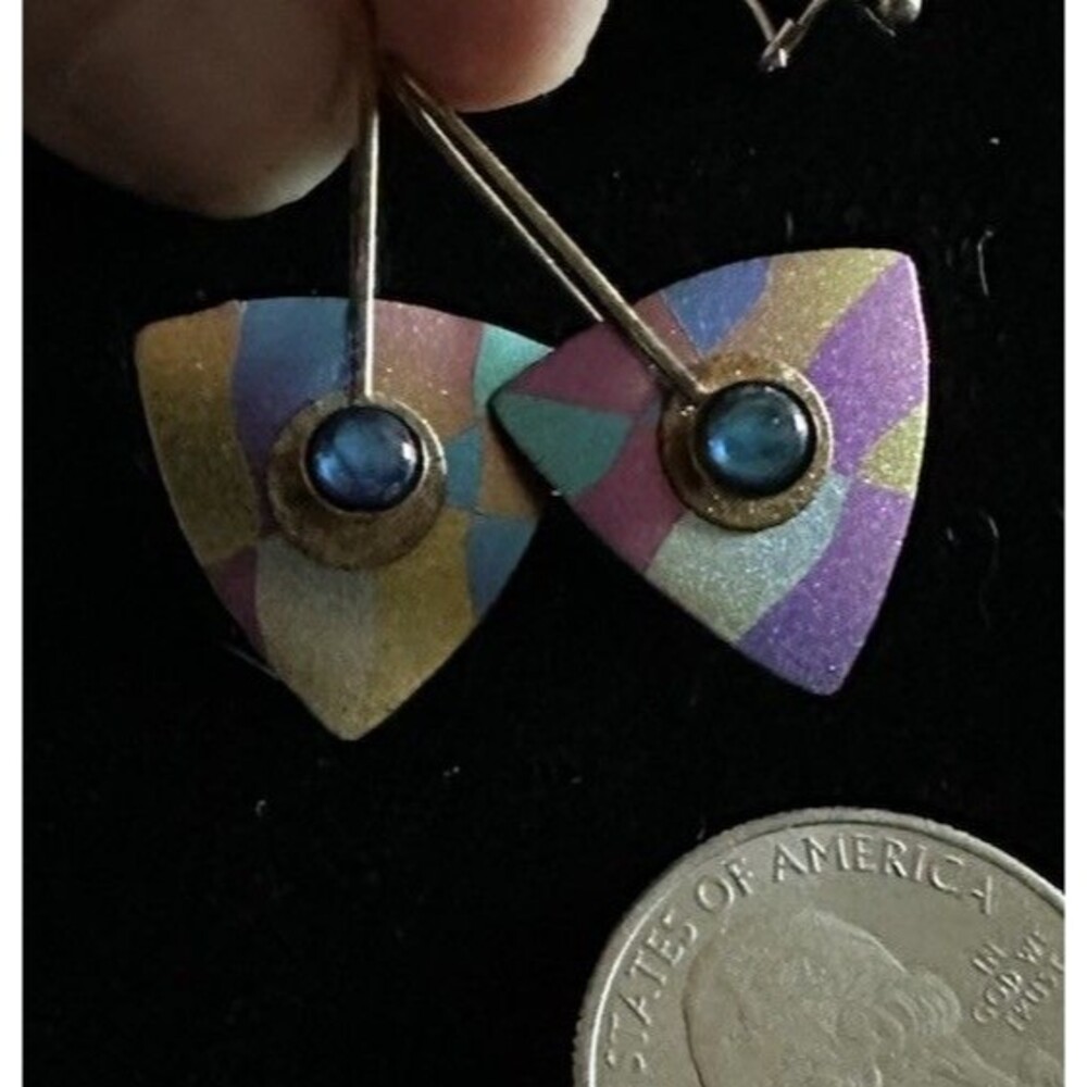 Vintage 925 signed KLS Sterling Silver Kintetic Colorful Modernist Drop Earrings